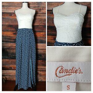 Candies Maxi Dress Small Navy White Floral Side Slits Lace Bodice Summer Padded
